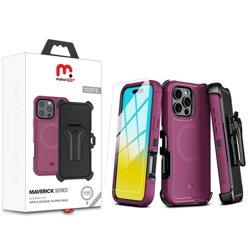 Case MYBAT Maverick morado con clip de cinturon para iPhone 16 Pro Max