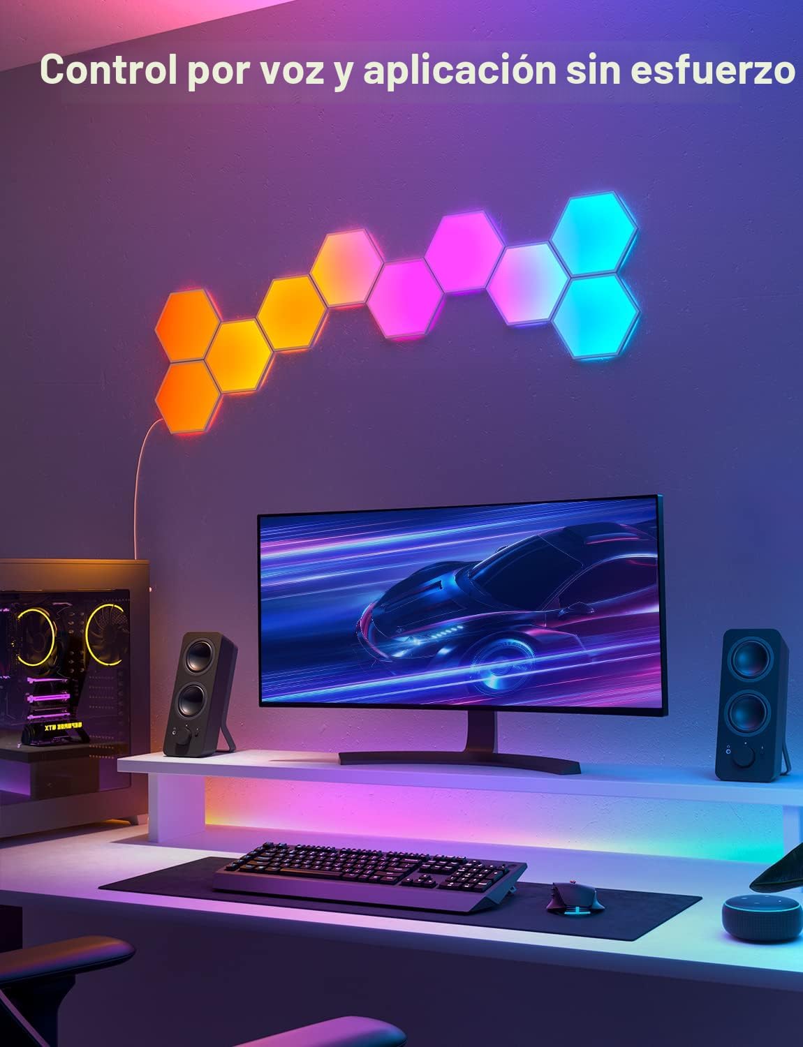 Govee Glide Hexagon Light Panels instalados en cuarto gaming