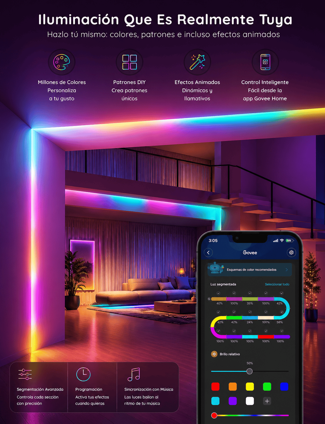 Govee tira LED RGBIC 5 metros controlada desde app Govee Home