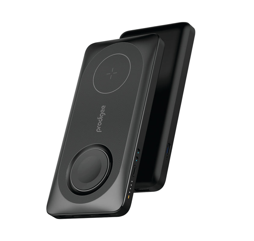 Power bank Prodigee MagPower To-Go + Watch mostrando carga MagSafe