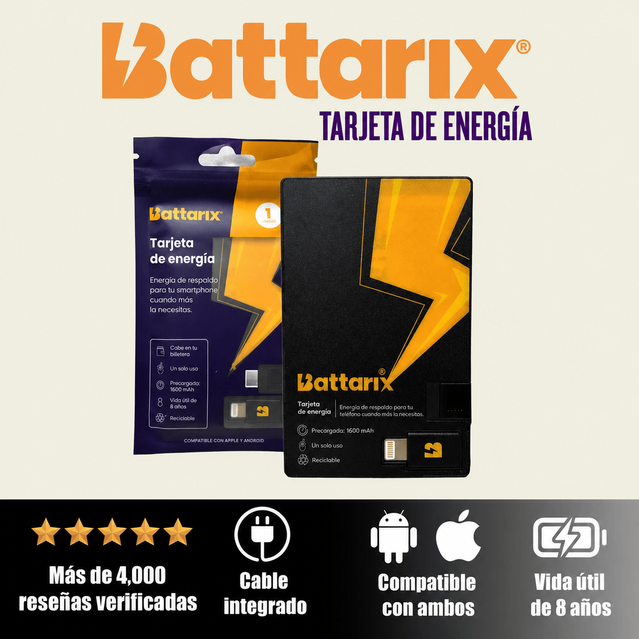 BATTARIX BATERIA DE EMERGENCIA CHARGE CARD CON CABLE TIPO C Y ADAPTADOR LIGHTNING