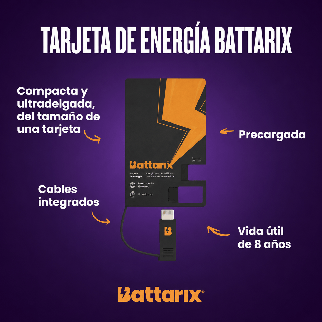 BATTARIX BATERIA DE EMERGENCIA CHARGE CARD CON CABLE TIPO C Y ADAPTADOR LIGHTNING