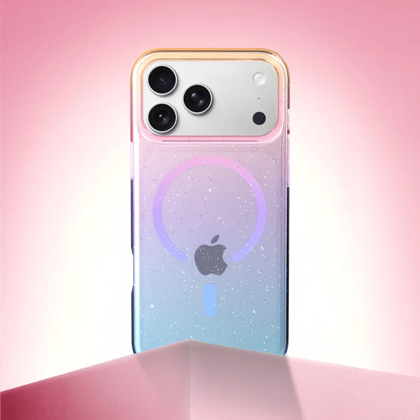 Case protector Prodigee superstar para iPhone 17 Pro Max degradado rosa y morado con brillos de TPU resistente a golpes