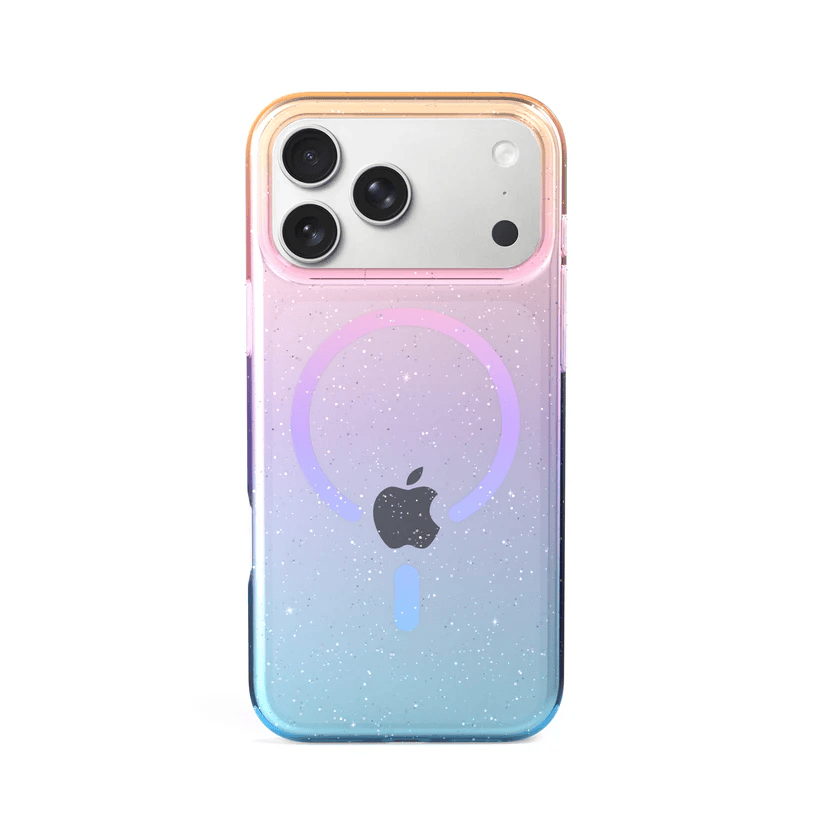 Case protector Prodigee superstar para iPhone 17 Pro Max degradado rosa y morado con brillos de TPU resistente a golpes