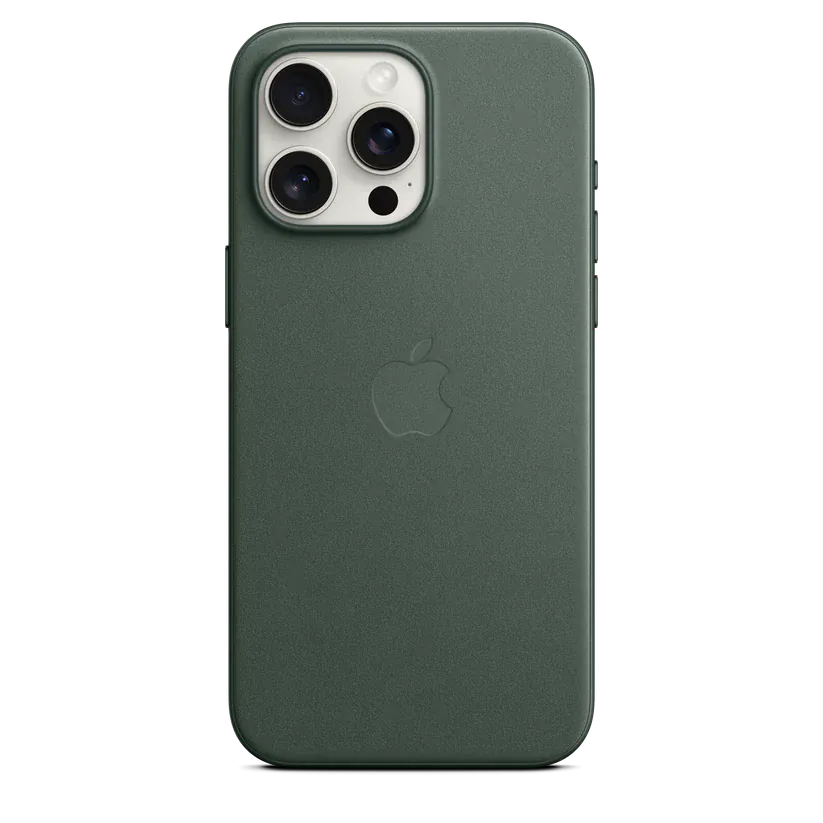 Case FineWoven Evergreen para iPhone 15 Pro Max vista trasera