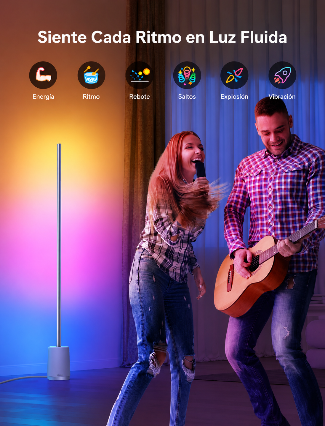 Govee Lyra lámpara de pie iluminando cuarto gaming con colores RGBIC