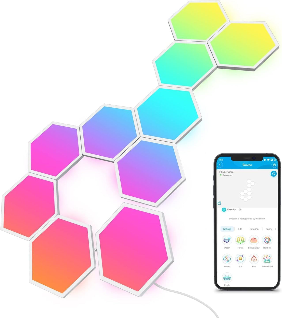 Paneles hexagonales Govee Glide RGBIC en pared con iluminación gaming