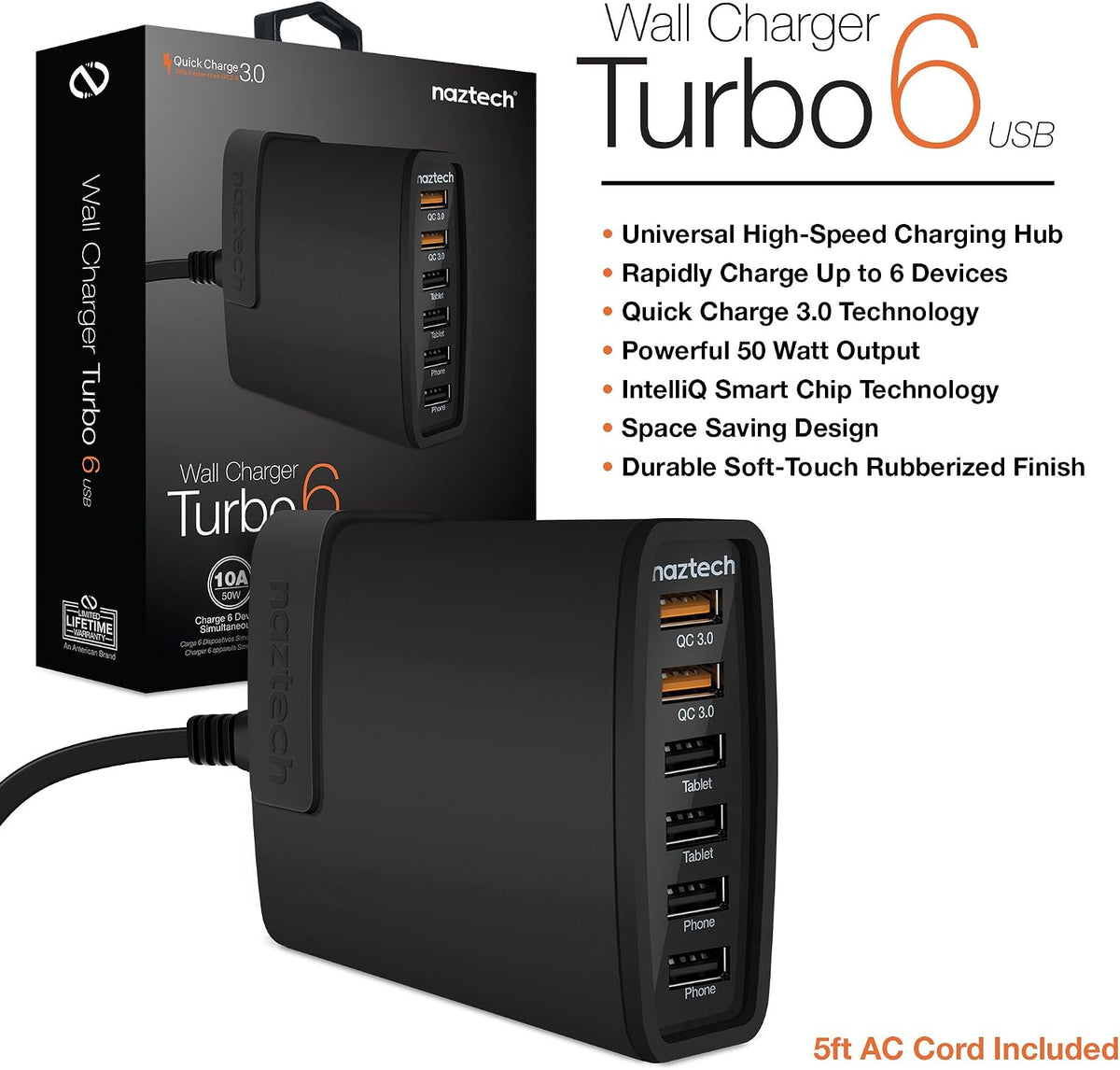 L-NAZTECH WALL CHARGER TURBO 6 UNIVERSAL USB NEGRO
