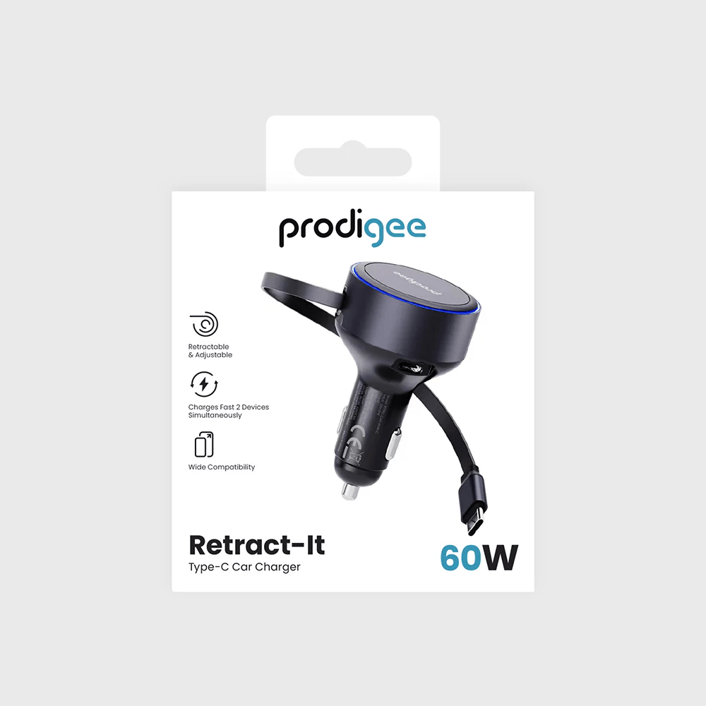 PRODIGEE ENERGEE RETRACT-IT CARGADOR DE CARRO 60W TIPO C NEGRO