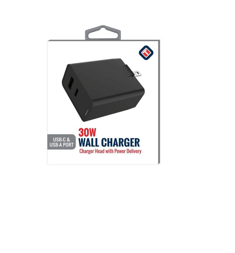 TEKYA CUBO PARA PARED DUAL TIPO C Y USB 30W NEGRO