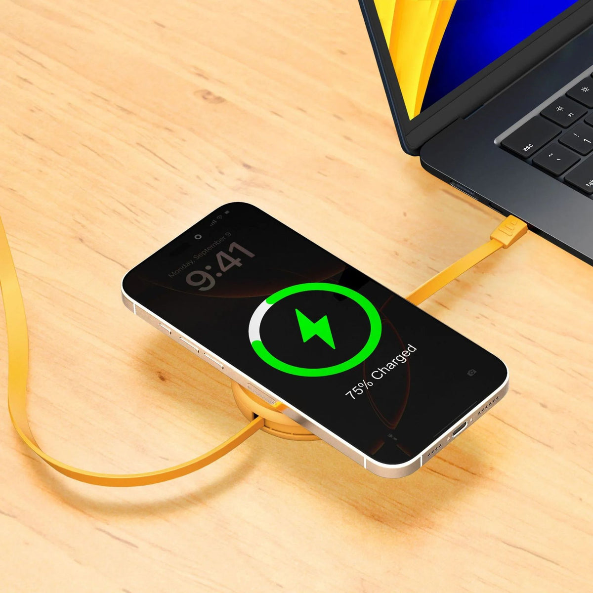 FUNCTION 2 IN 1 RETRACTABLE CABLE USB-C TO USB-C 60W WITH WIRELESS CHARGER ORANGE