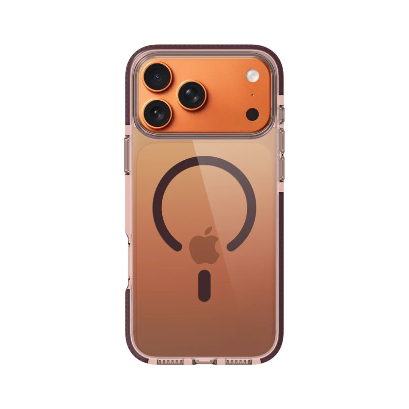 case protector Prodigee Flow con degradado café de TPU resistente a golpes y caídas con certificación nivel militar compatible con magsafe y bordes reforzados