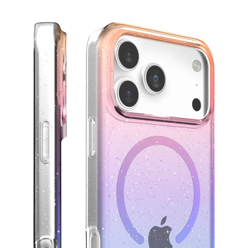 Case protector Prodigee superstar para iPhone 17 Pro Max degradado rosa y morado con brillos de TPU resistente a golpes