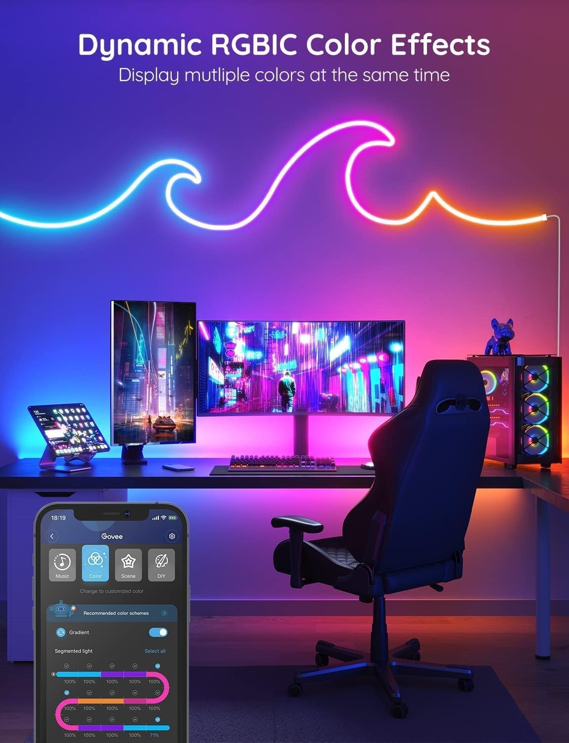 Combo Alexa Echo Dot y Govee LED encendidos en cuarto con luz ambiente