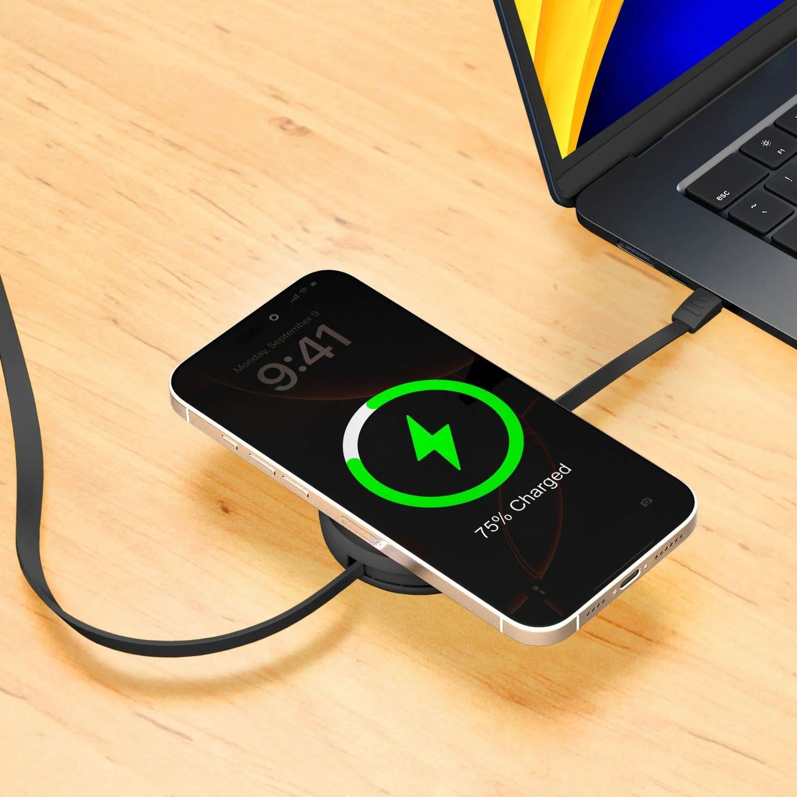 FUNCTION 2 IN 1 RETRACTABLE CABLE USB-C TO USB-C 60W WITH WIRELESS CHARGER BLACK