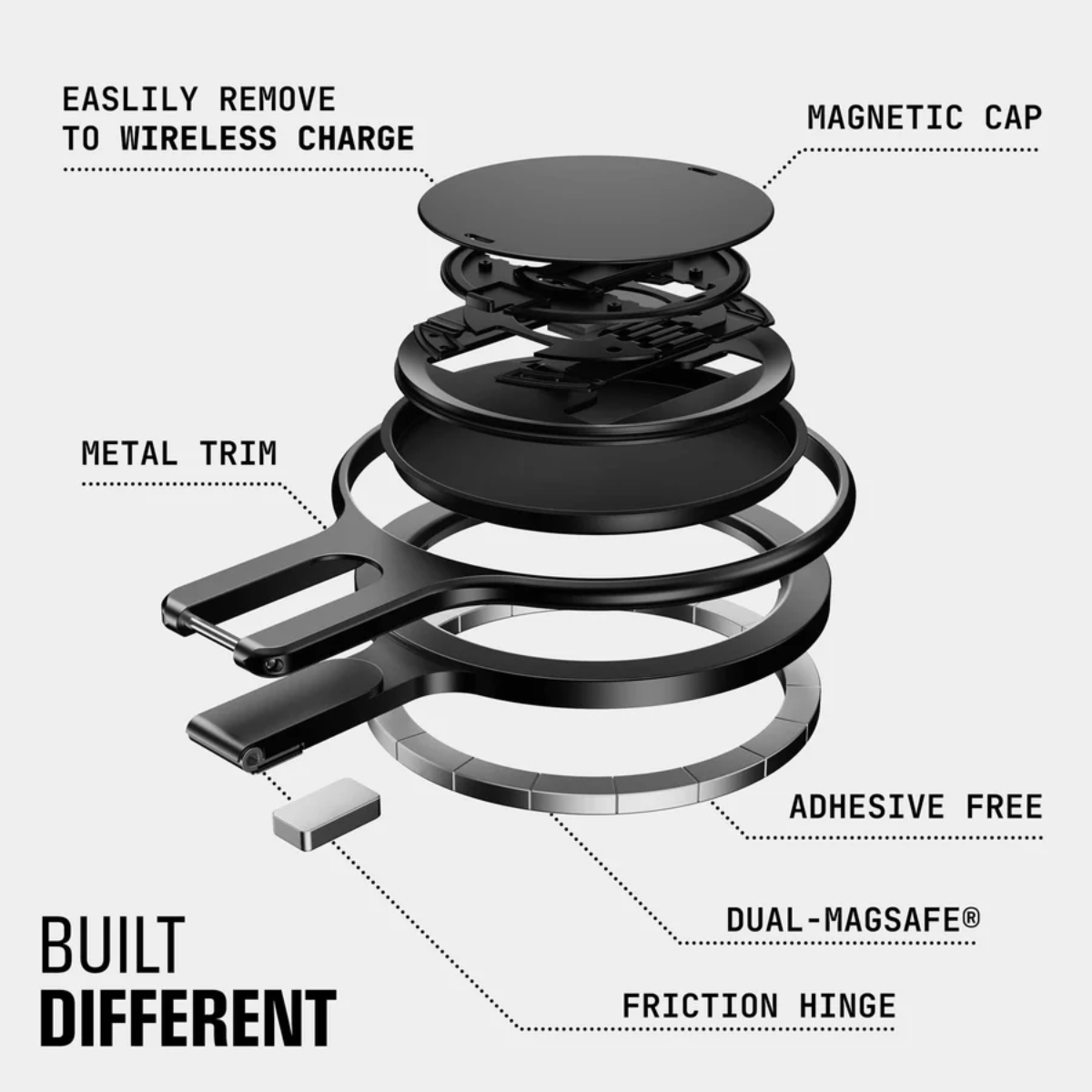 Grip magnético OhSnap Grip Stand Boring Black en uso como agarre de celular