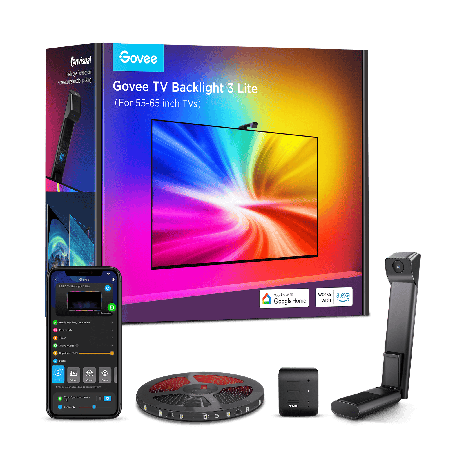 Govee TV Backlight 3 Lite instalado en televisor 65 pulgadas con luz ambiental RGBIC